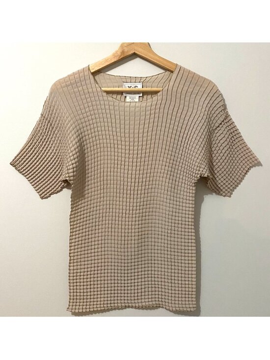 Vintage Tops - Vintage 1980s Waffle Textured Ruched Taupe T-Shirt Top Stretch Minimalist Career